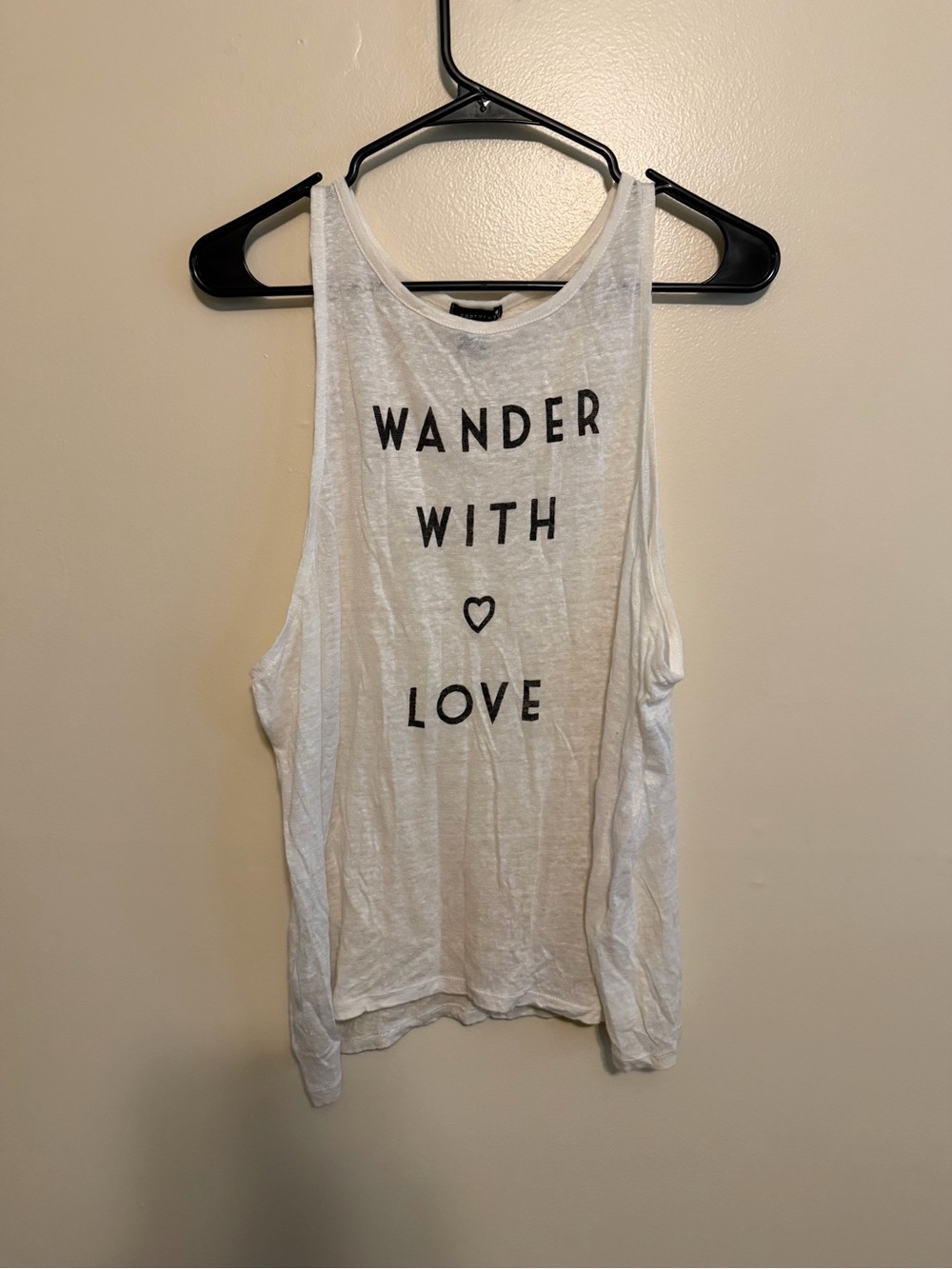 Forever 21 White Tank Top with Black Text - "WANDER WITH LOVE"